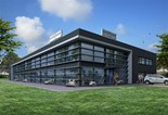 Ontwerpstudie: Lyondell Basell Botlek Rotterdam: impressie nieuwbouw kantoren en bedrijfshal in een eigentijdse moderne architectuur.